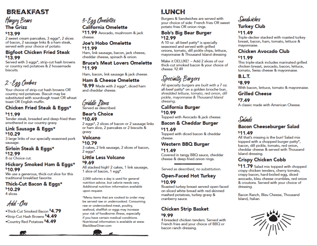 Black Bear Diner Las Vegas Menu